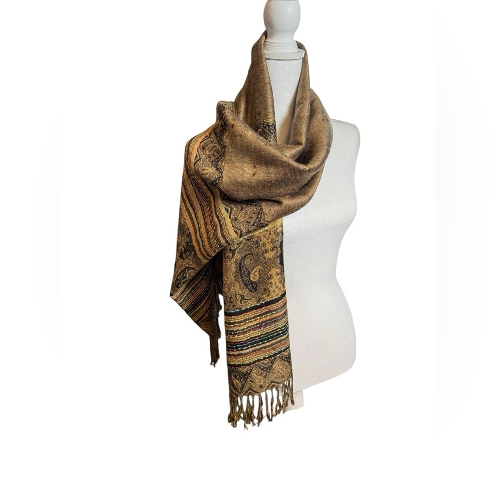 Vintage Echo-Style Paisley Metallic Fringe Scarf Shawl – Boho Chic - Picture 2 of 6